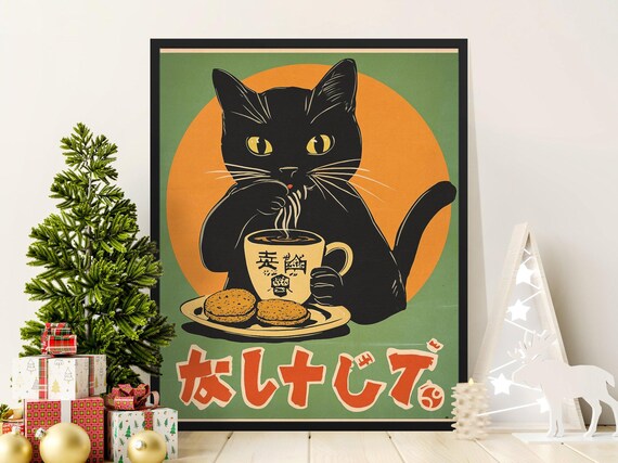 Black Cat Slurping Noodles Coffee Cookies Retro Japanese Kitchen Poster
