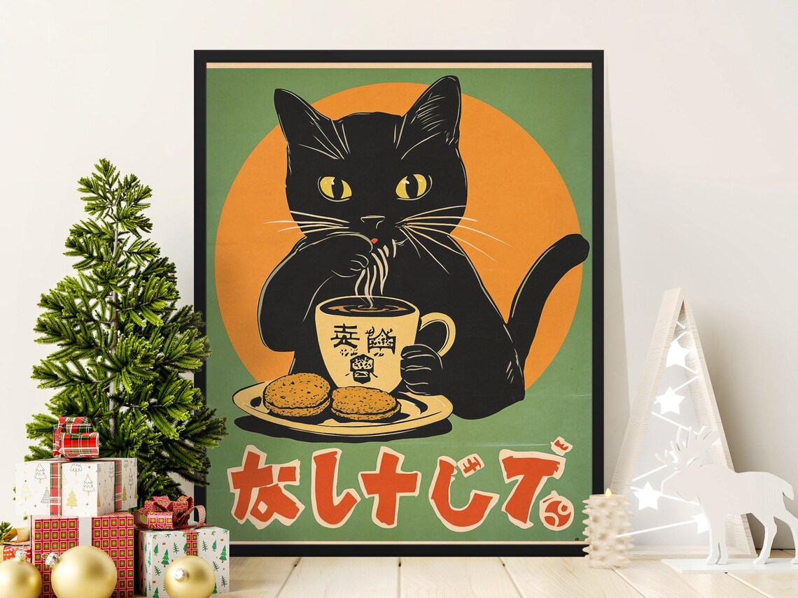 Black Cat Slurping Noodles Coffee Cookies Retro Japanese Kitchen Poster