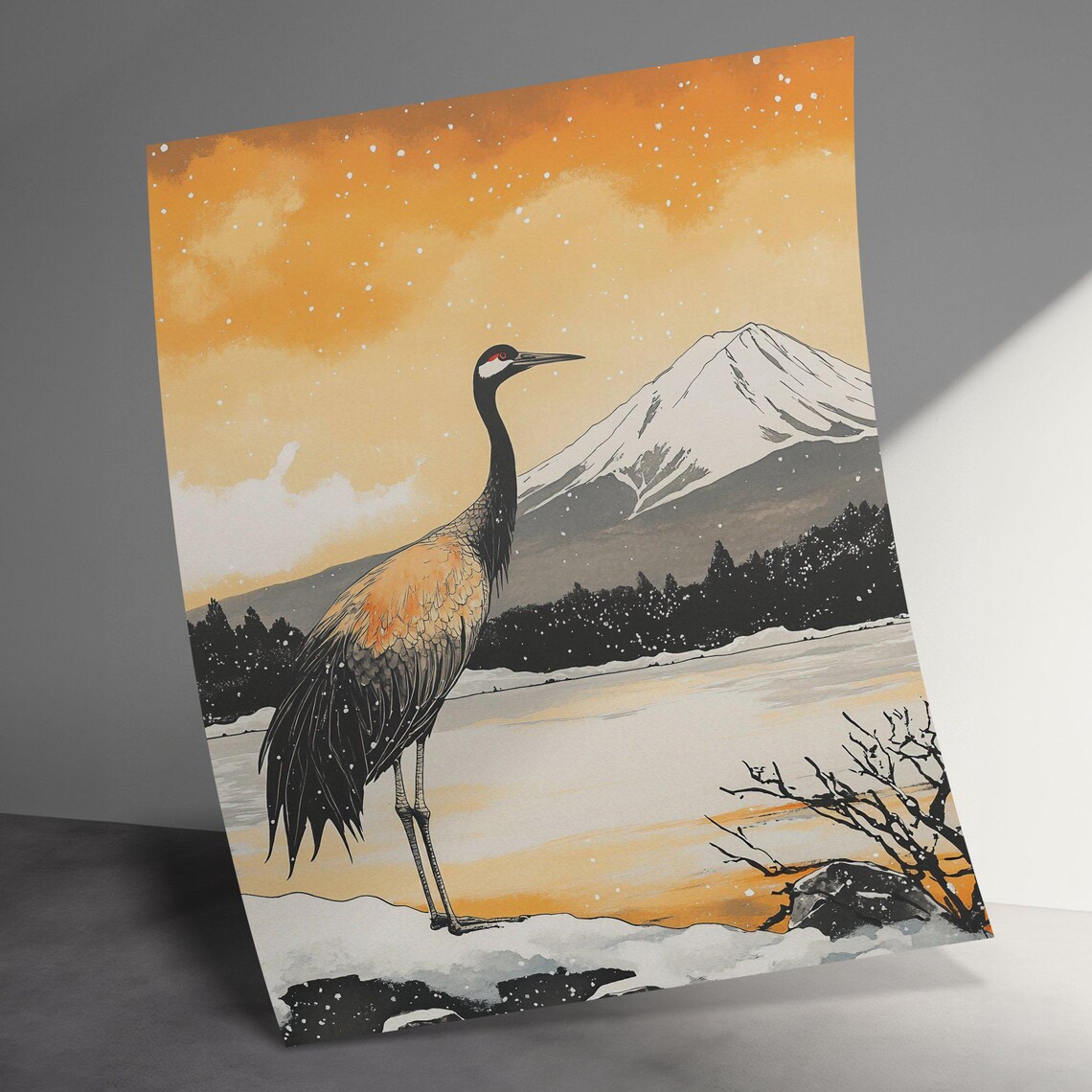 Red Crowned Crane Snow Winter Mount Fuji Golden Vintage Art Poster - Image 3