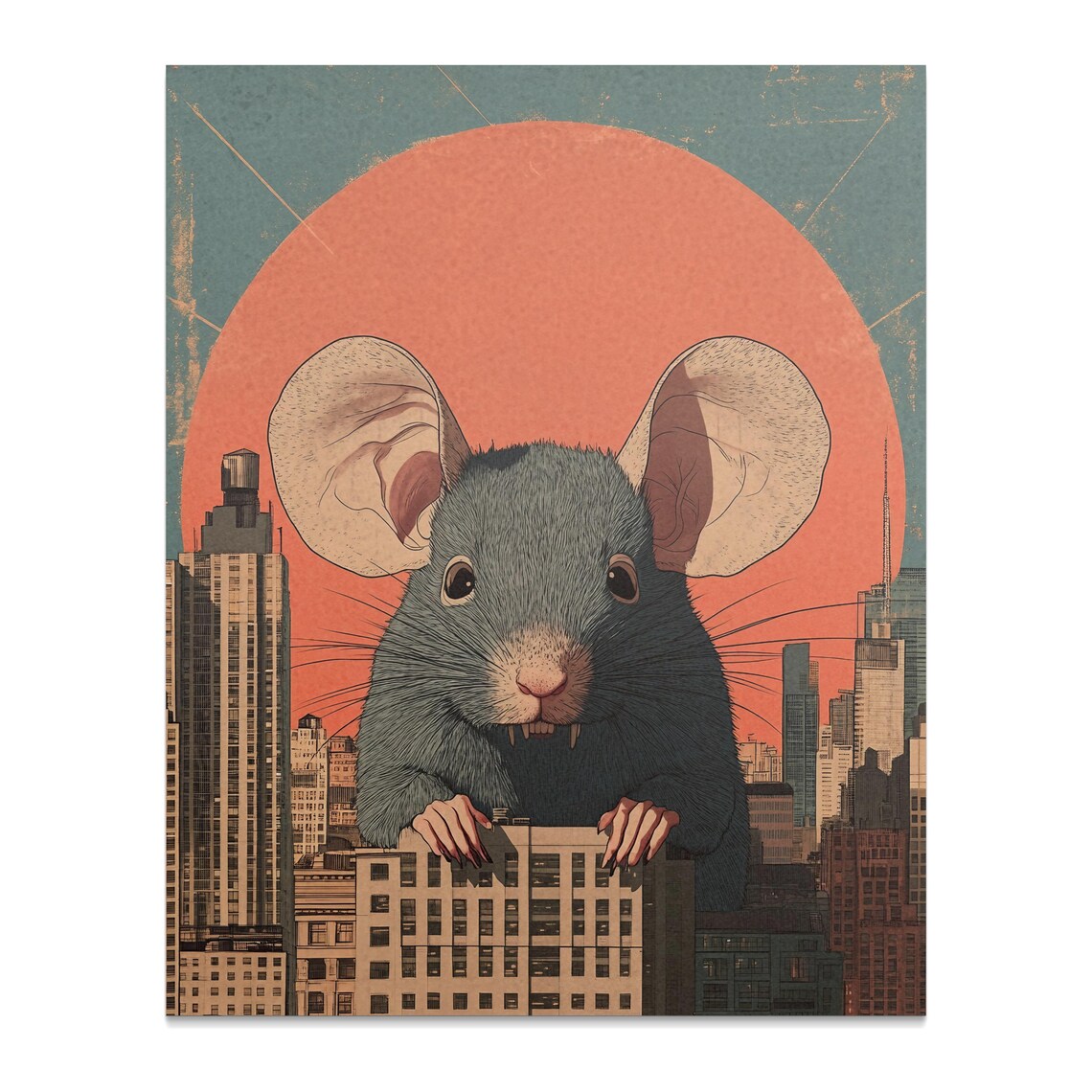 Giant Mouse City Sunset Orange Retro Surreal Funny Animal Poster - Image 2