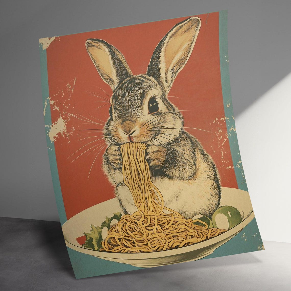 Cute Bunny Rabbit Eating Noodles Vintage Retro Kitchen Wall Art Poster - Image 2