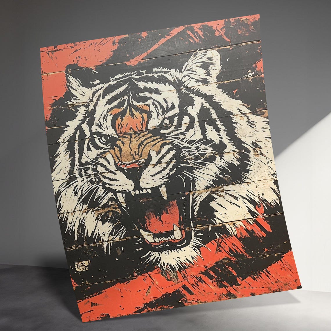 Roaring Tiger Woodcut Style Bold Black Orange Wildlife Poster - Image 3