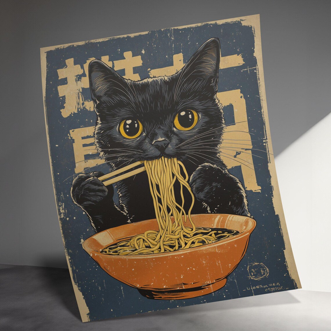 Black Cat Eating Ramen Chopsticks Vintage Japanese Kitchen Poster - Image 3
