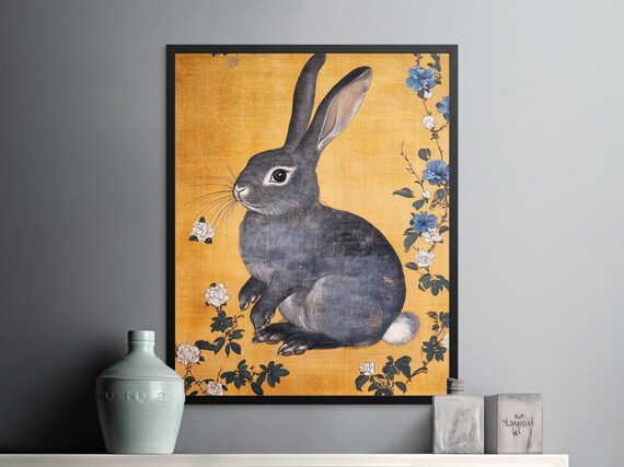 Vintage Japanese Gray Rabbit Golden Paper Floral Botanical Art Poster