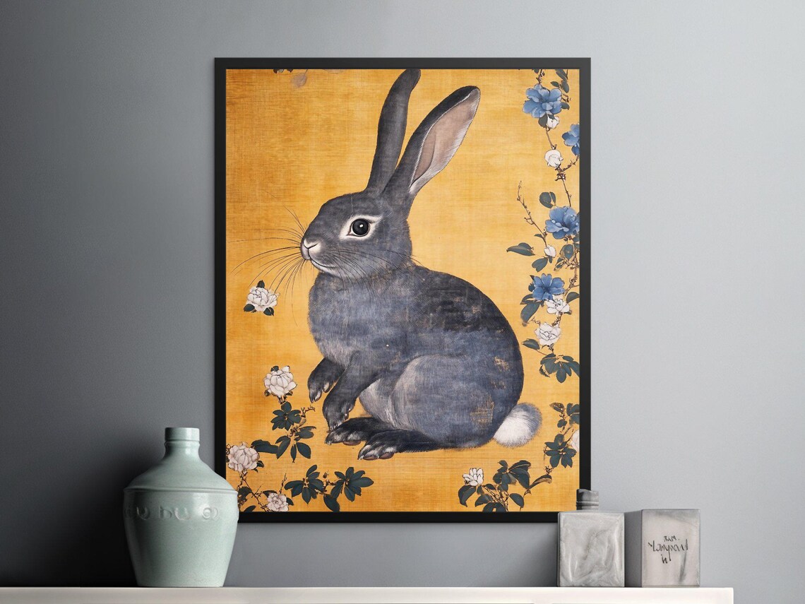 Vintage Japanese Gray Rabbit Golden Paper Floral Botanical Art Poster
