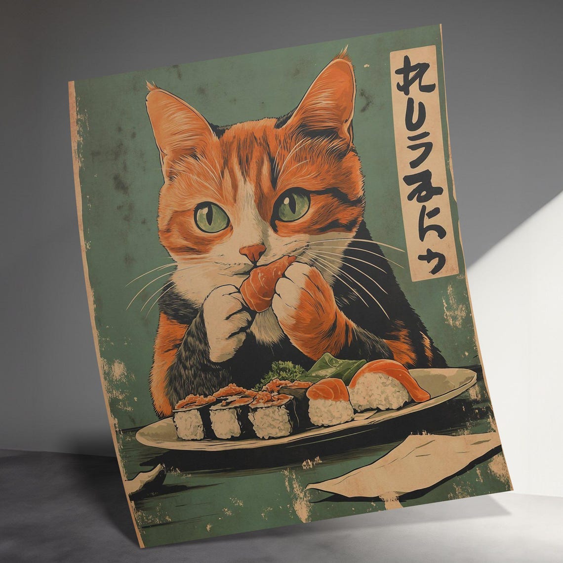 Orange Tabby Cat Eating Sushi Vintage Japanese Kitchen Wall Art Poster - Image 3