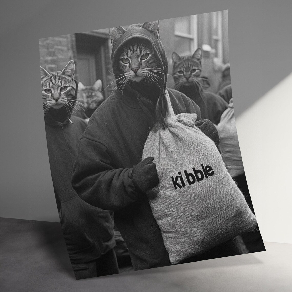 Cat Gang Stealing Kibble Sack Hoodie Cats Funny Black White Photo Poster - Image 3