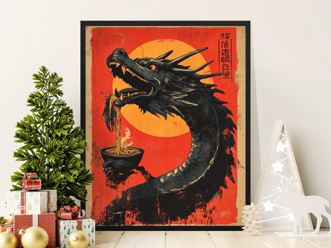 Fierce Black Dragon Eating Ramen Under Red Sun Japanese Art Poster