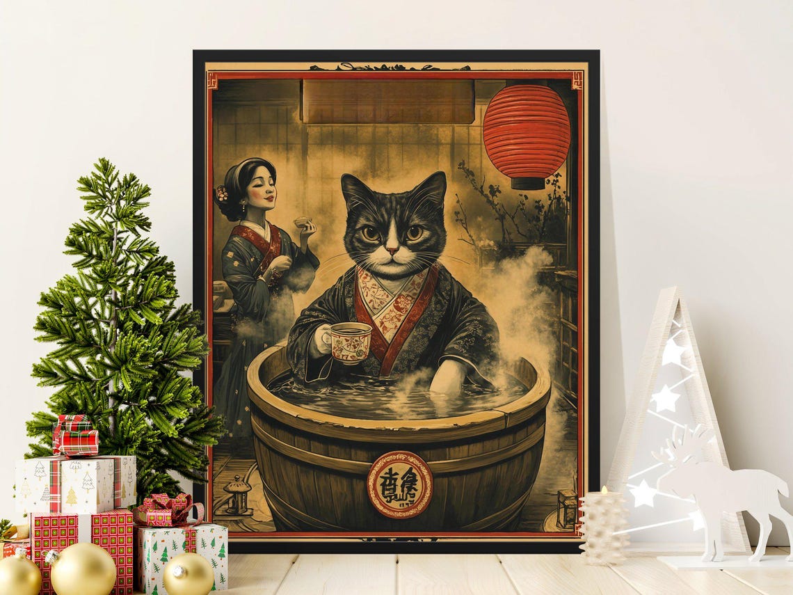 Cat In Kimono Onsen Bath With Geisha Retro Japanese Bathhouse Poster