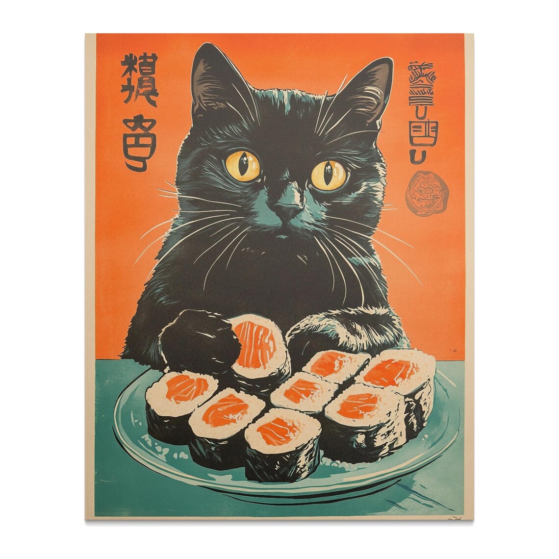 Black Cat With Salmon Sushi Rolls Retro Japanese Cuisine Kitchen Art Poster - Image 2