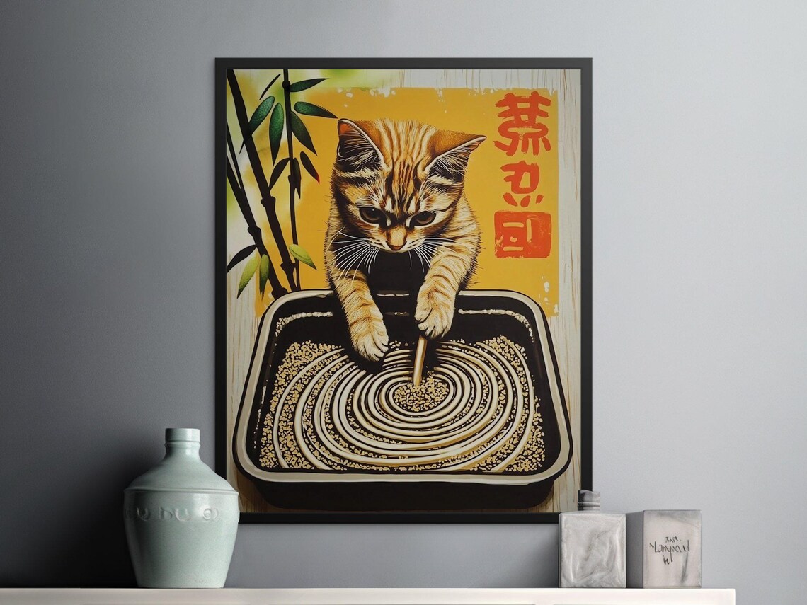 Adorable Tabby Kitten Drawing Spiral Zen Sand Tray Japanese Style Poster - Image 2