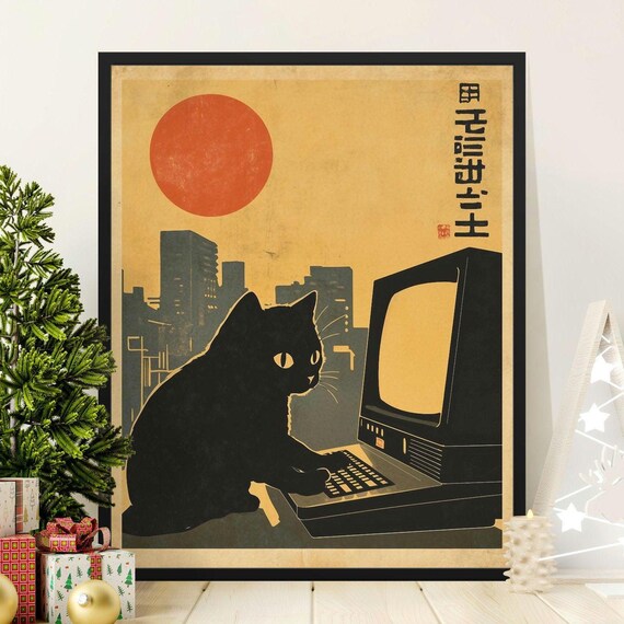 Retro Black Cat At Computer City Skyline Red Sun Vintage Tech Art Poster