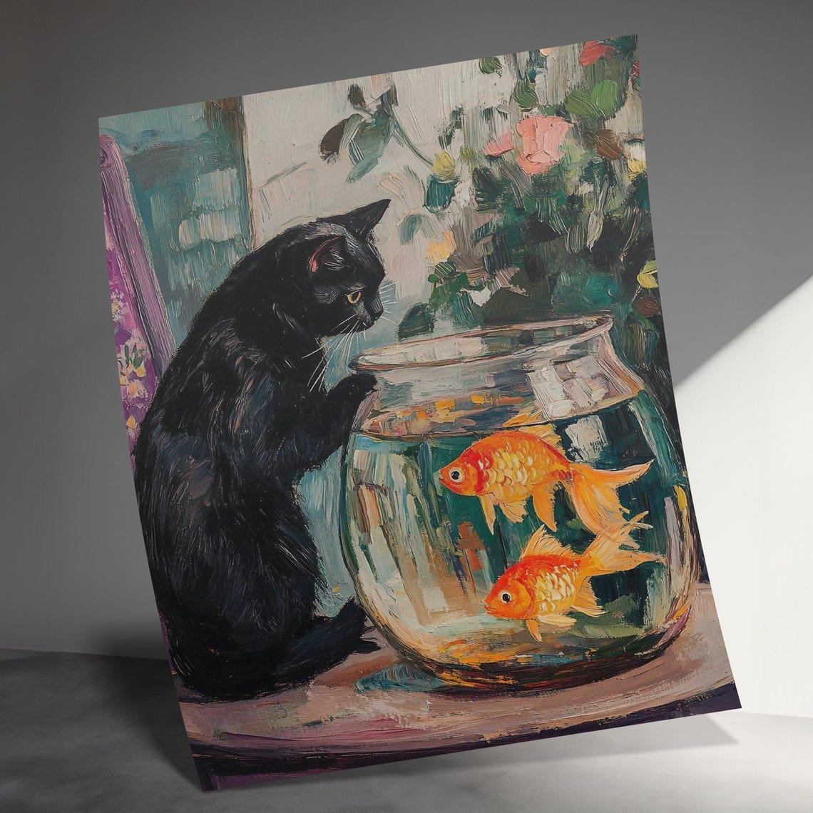 Black Cat Watching Goldfish Bowl Impressionist Style Animal Poster - Image 3