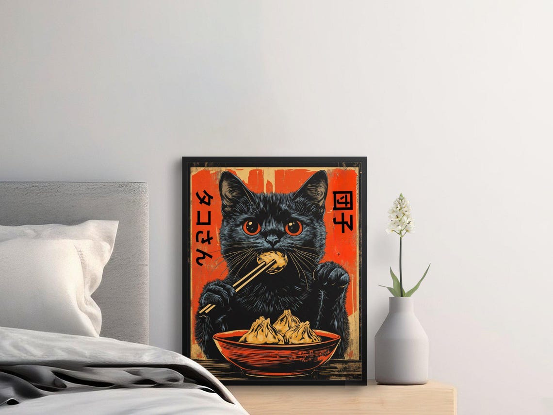 Black Cat Eating Dumplings With Chopsticks Orange Retro Poster - Image 2