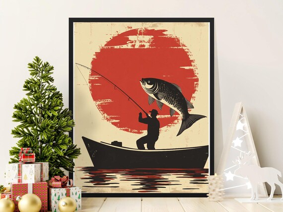 Vintage Fishing Art Print Fisherman Silhouette With Fish Poster Rustic Fishing Wall Decor Retro Nautical Home Art Fishing Gift Idea Gift