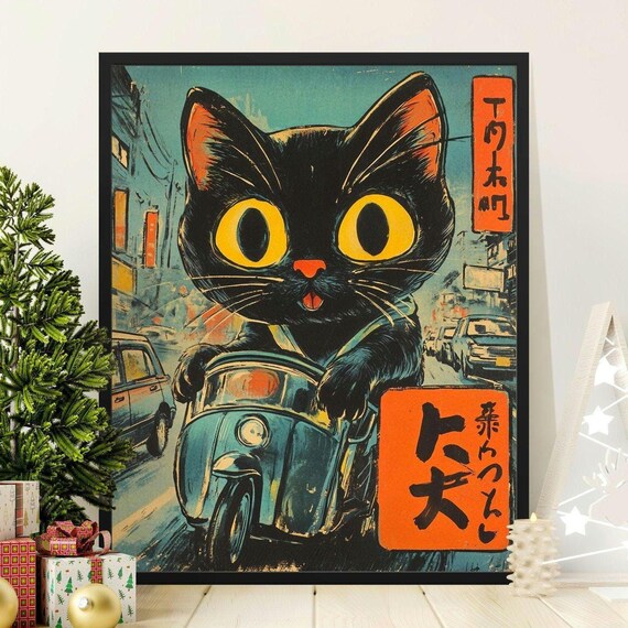 Black Cat Riding Scooter City Street Retro Japanese Comic Style Art Poster