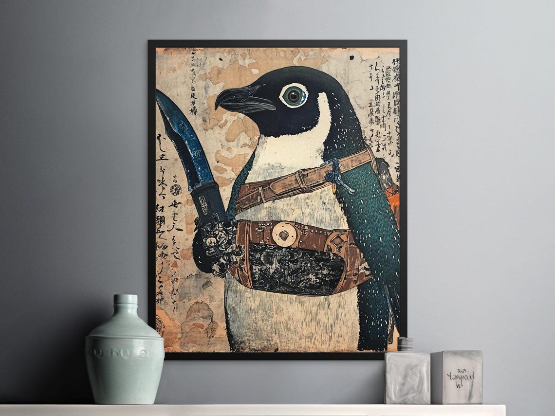 Samurai Penguin With Sword Vintage Japanese Woodblock Style Poster