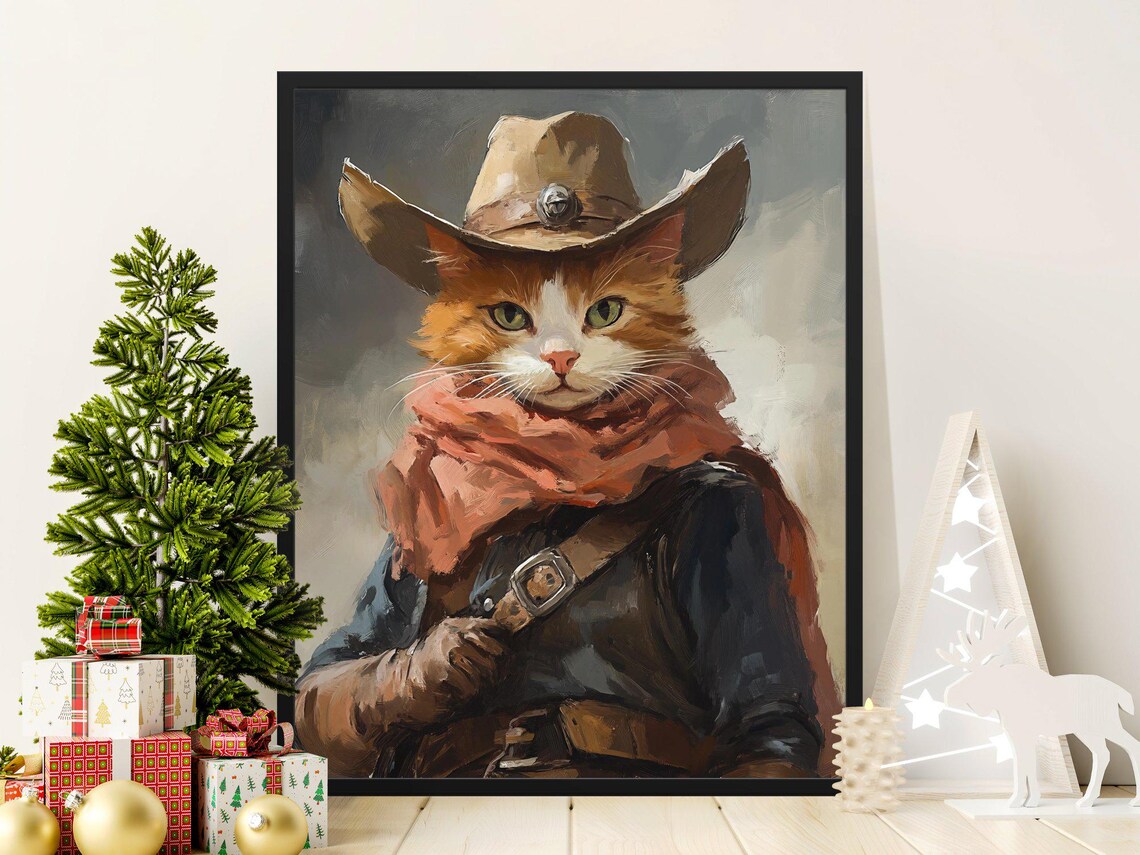 Cowboy Ginger Cat Portrait Bandana Painterly Oil Style Western Cat Poster