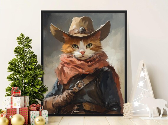 Cowboy Ginger Cat Portrait Bandana Painterly Oil Style Western Cat Poster