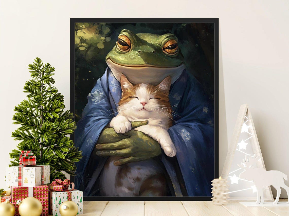Giant Frog Holding Cat Kimono Whimsical Fantasy Animal Wall Art Poster