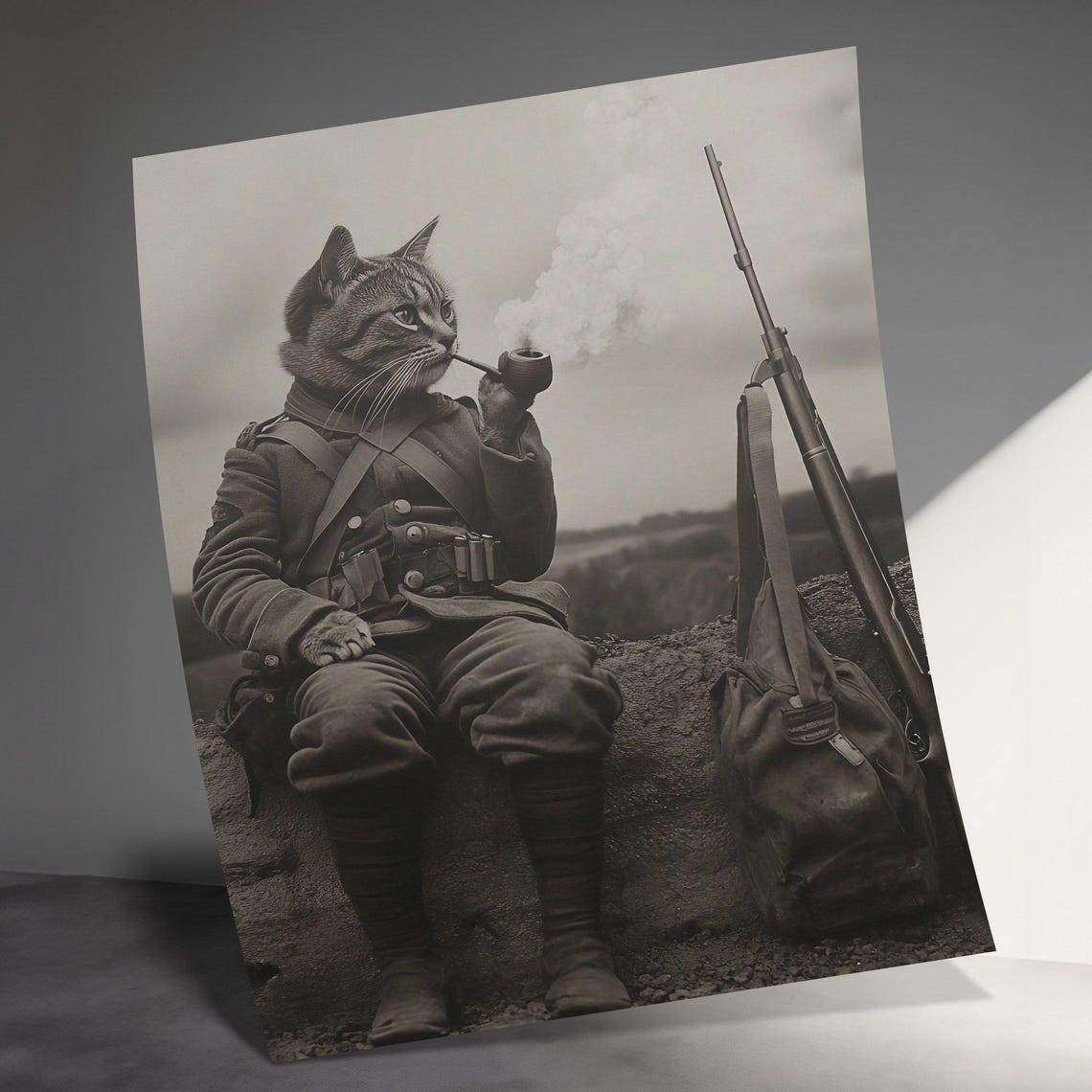 Cat Soldier In Military Uniform Smoking Pipe Vintage War Photo Poster - Image 3