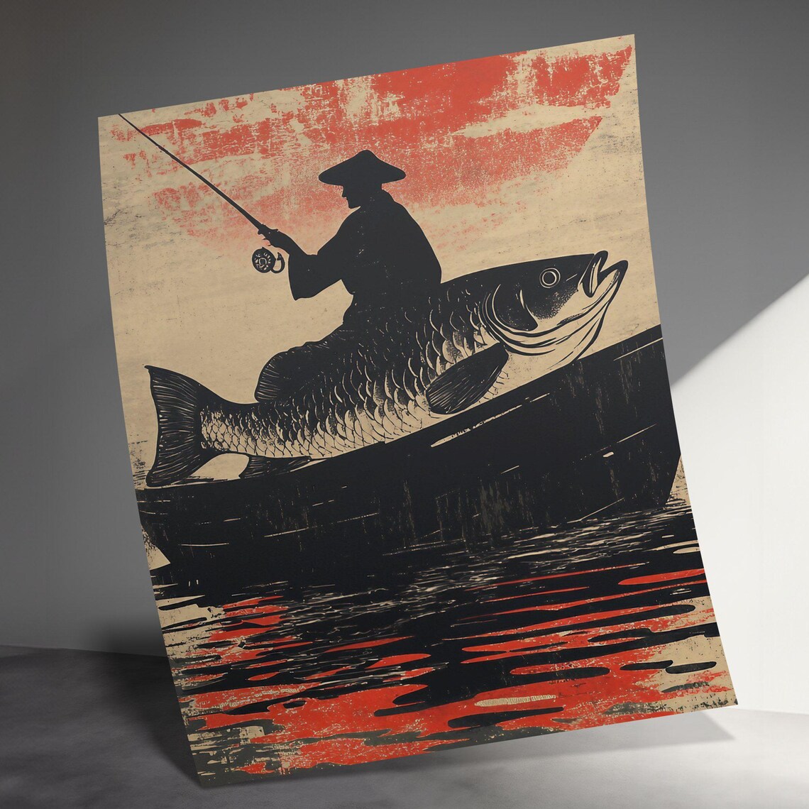 Fisherman Silhouette With Giant Fish Red Sunset Japanese Ink Poster - Image 3