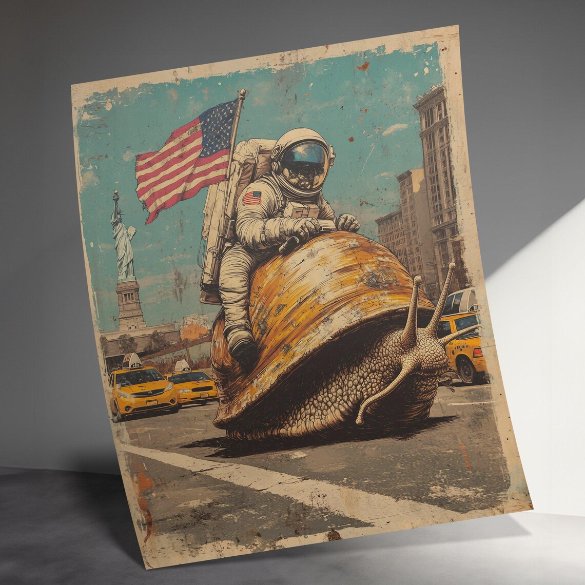 Retro Astronaut Riding Giant Snail New York City Daytime Surreal Art Poster - Image 3