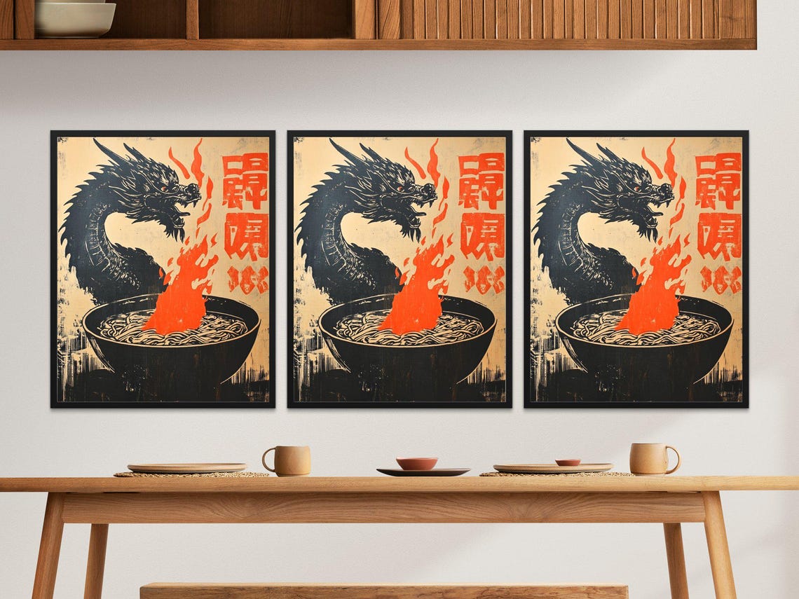 Japanese Dragon Fire Ramen Bowl Bold Woodcut Kitchen Art Poster - Image 2