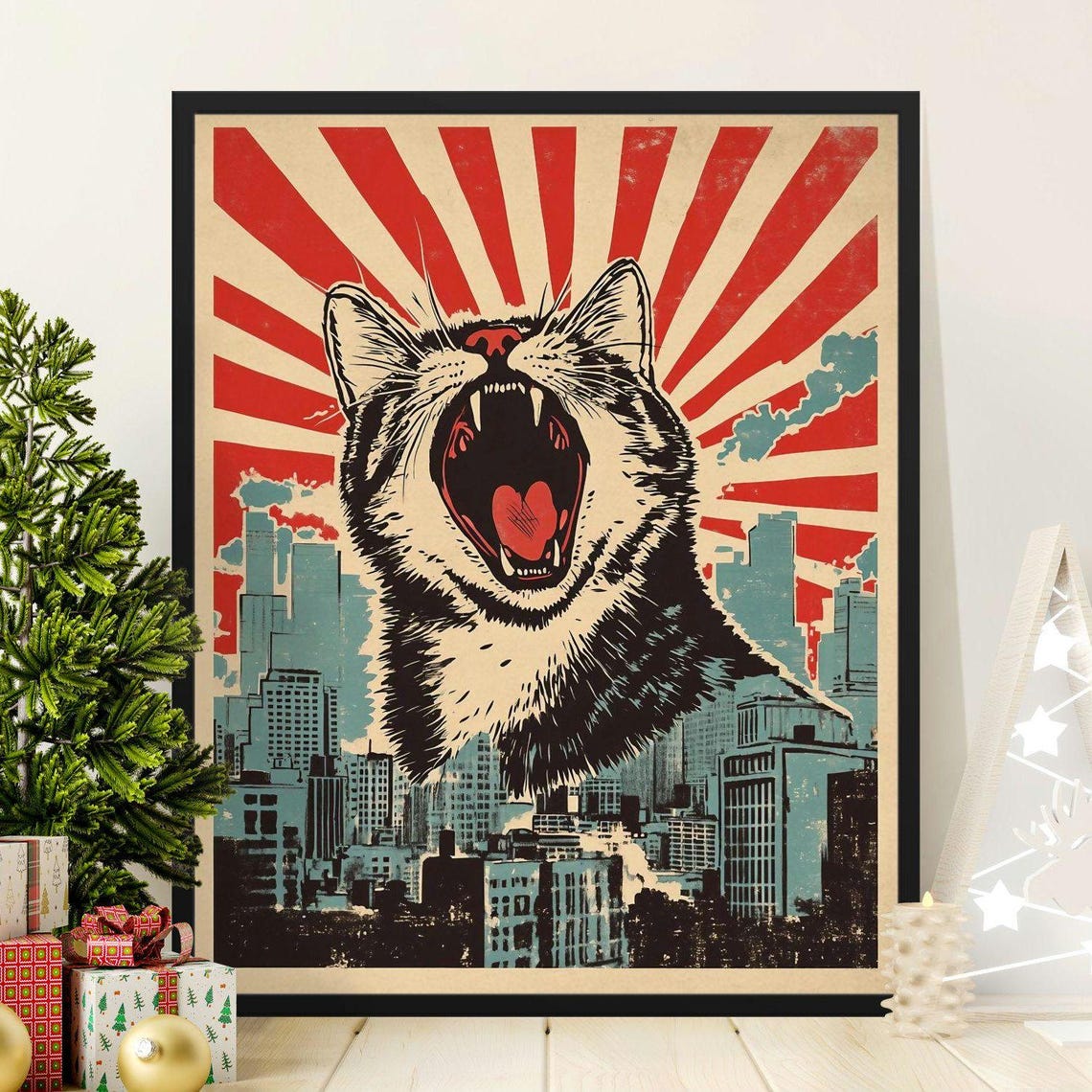 Giant Roaring Cat Over City Skyline Rising Sun Pop Art Wall Poster