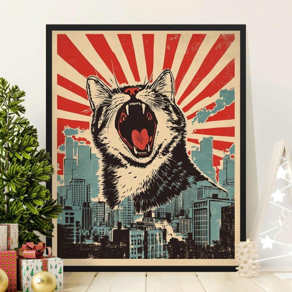 Giant Roaring Cat Urban Skyline Art Modern Cat Wall Art For Home Decor Unique Pop Art Cat Poster Bold Cat Print For Walls