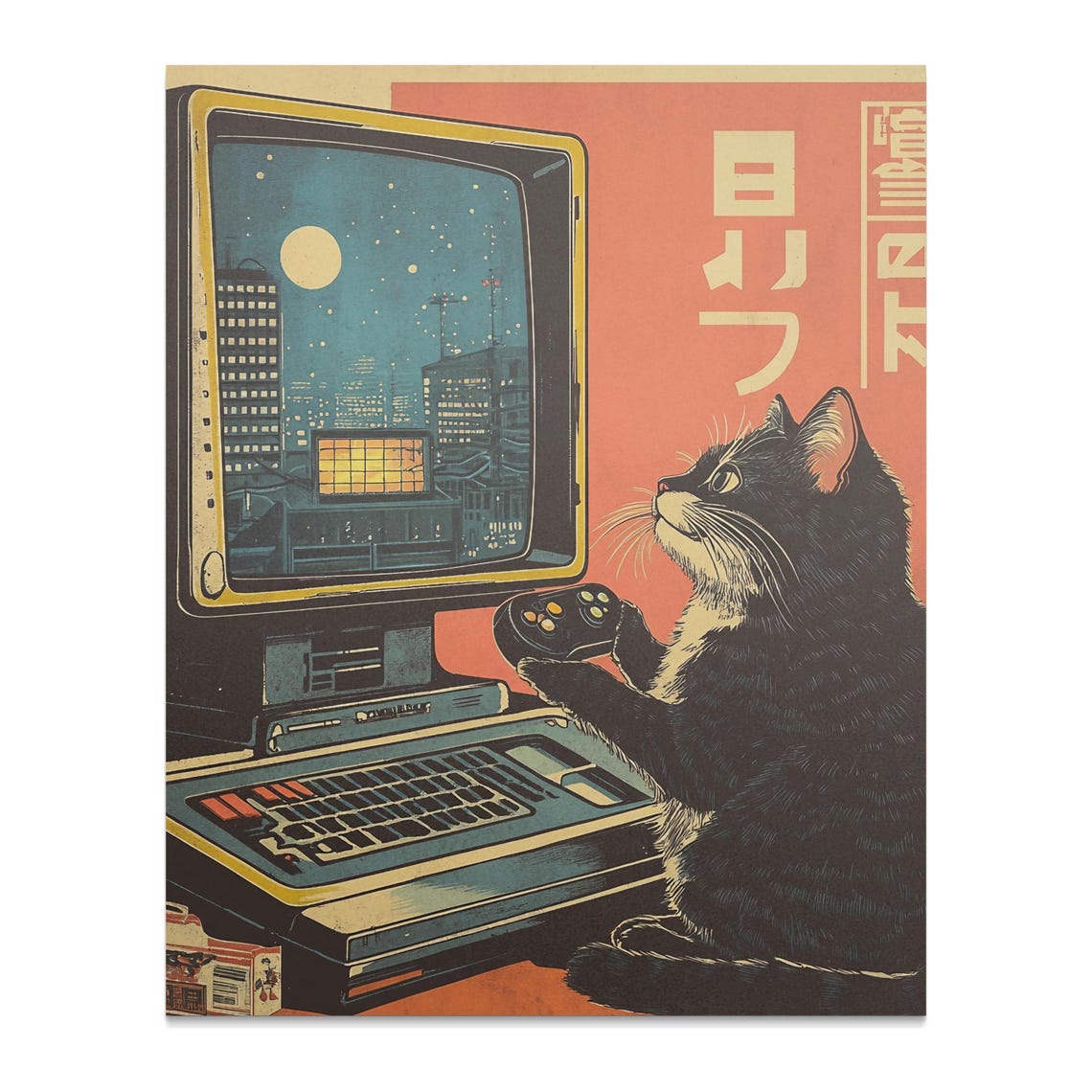 Cat Gamer On Retro Computer Night City Vintage Gaming Poster - Image 2