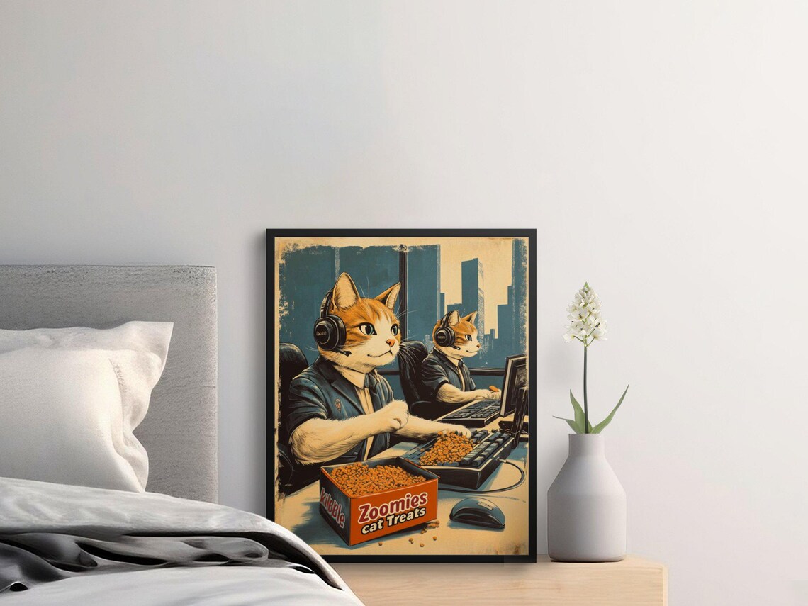 Funny Cats Gaming Office Headsets Zoomies Treats Retro Art Poster - Image 2