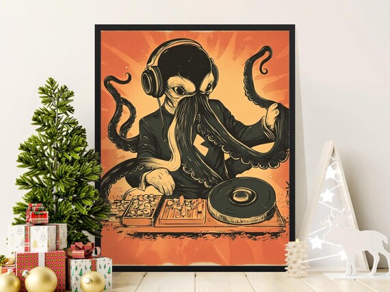 Dj Octopus Art Print Retro Music Poster Turntable Dj Illustration Unique Wall Decor Music Lover Gift Octopus Dj Art Home Office Art