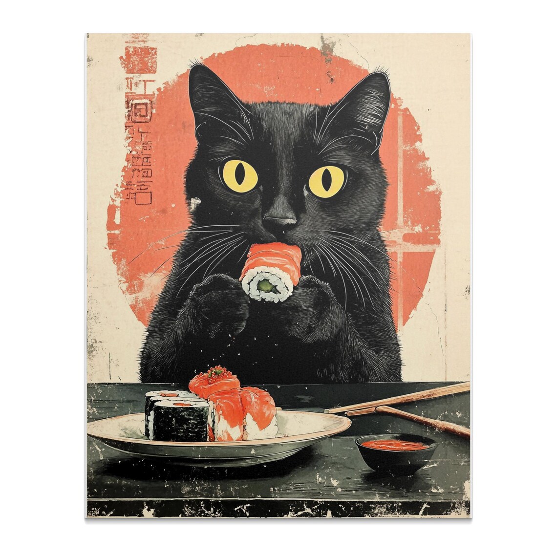 Black Cat Eating Sushi Roll Before Red Sun Retro Japanese Kitchen Art Poster - Image 3