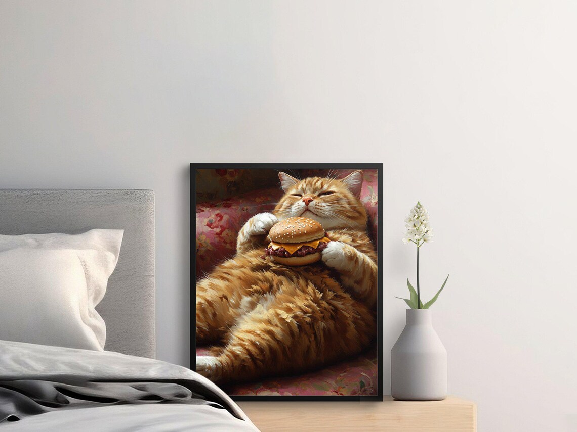 Chubby Orange Cat Holding Cheeseburger Relaxed Painterly Funny Pet Art Poster - Image 2