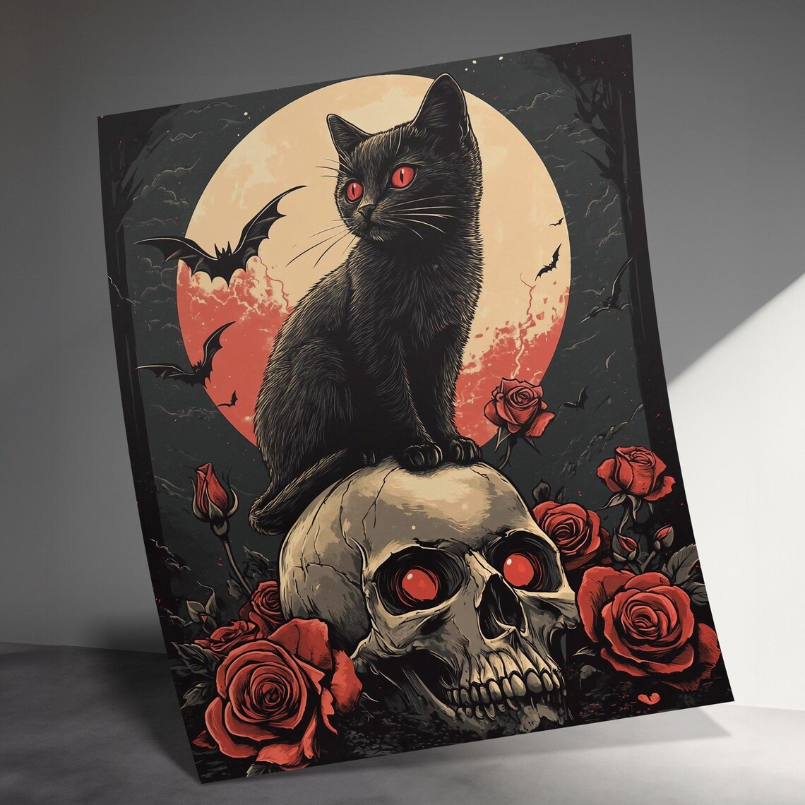 Black Cat Red Moon Skull Gothic Halloween Dark Witchy Cat Wall Art - Image 3