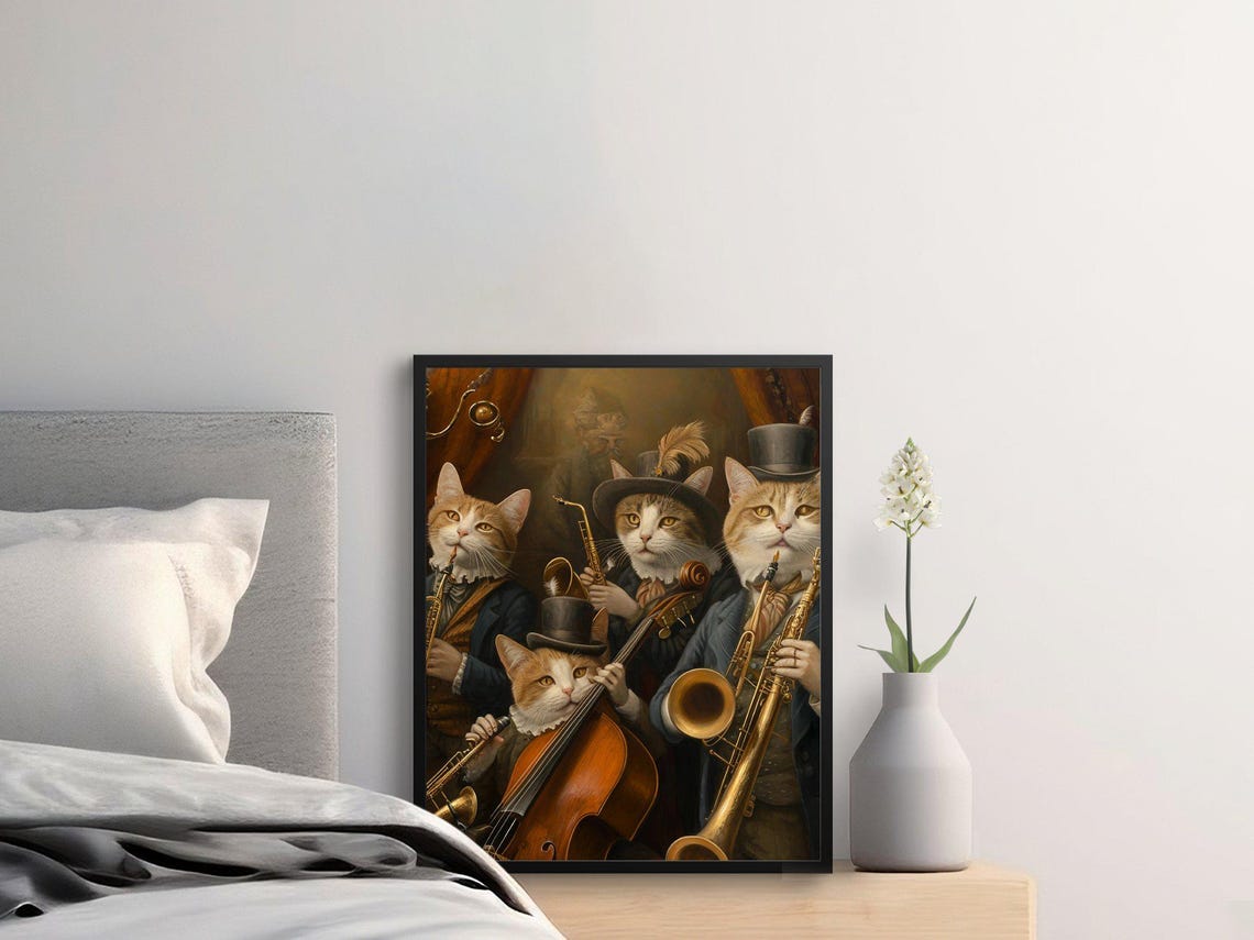 Victorian Cats Jazz Band Playing Brass Instruments Vintage Poster - Image 2