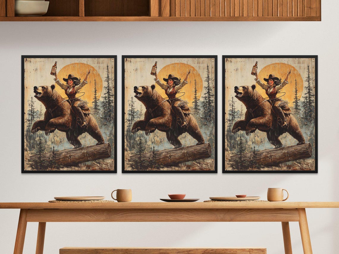 Wild West Cowgirl Riding Bear Sunset Pine Forest Adventure Poster - Image 2