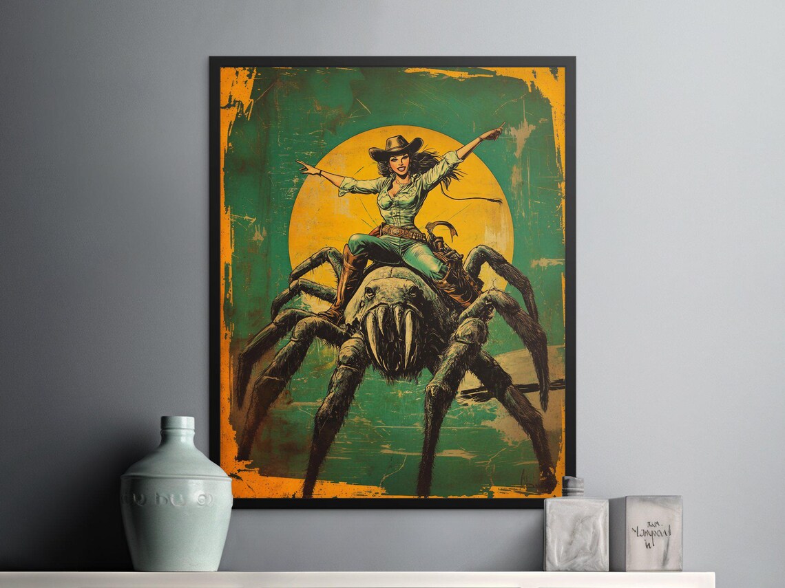 Vintage Cowgirl Riding Giant Spider Green Sun Comic Western Art Poster - Image 2