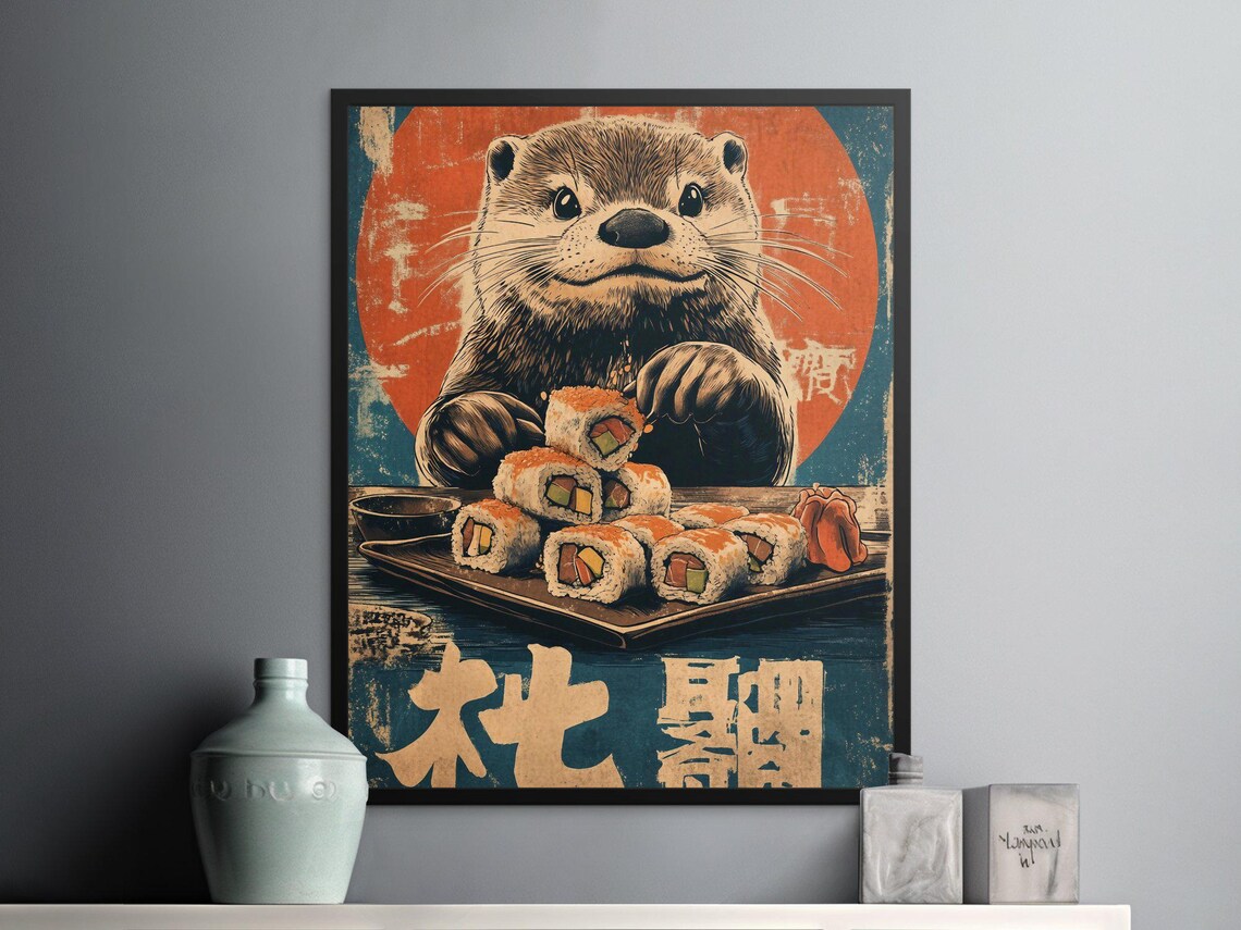 Otter With Sushi Rolls Platter Red Sun Vintage Japanese Foodie Art Poster - Image 2