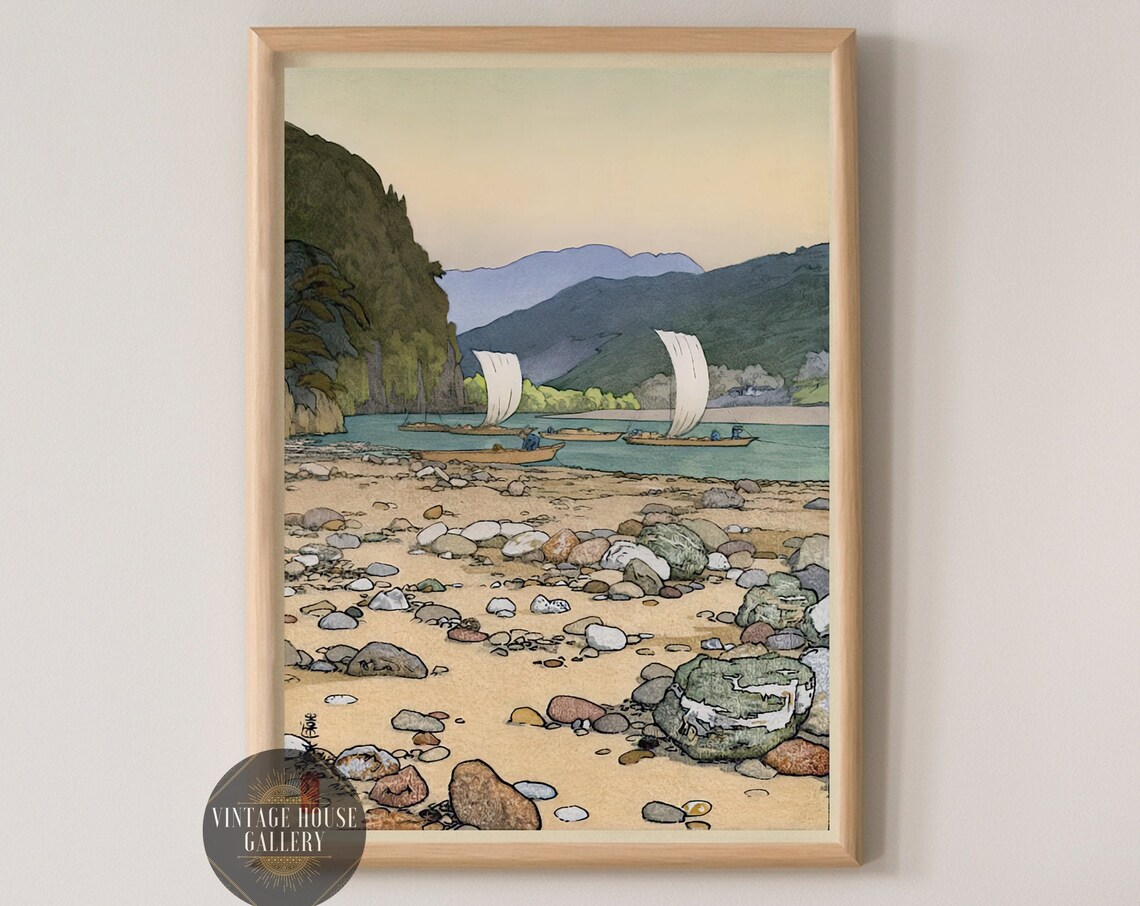 Sailboats On River With Stony Shore And Mountains Woodblock Poster