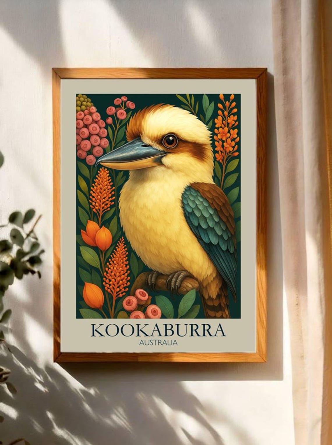 Kookaburra Australia Native Bird Botanical Floral Wildlife Poster