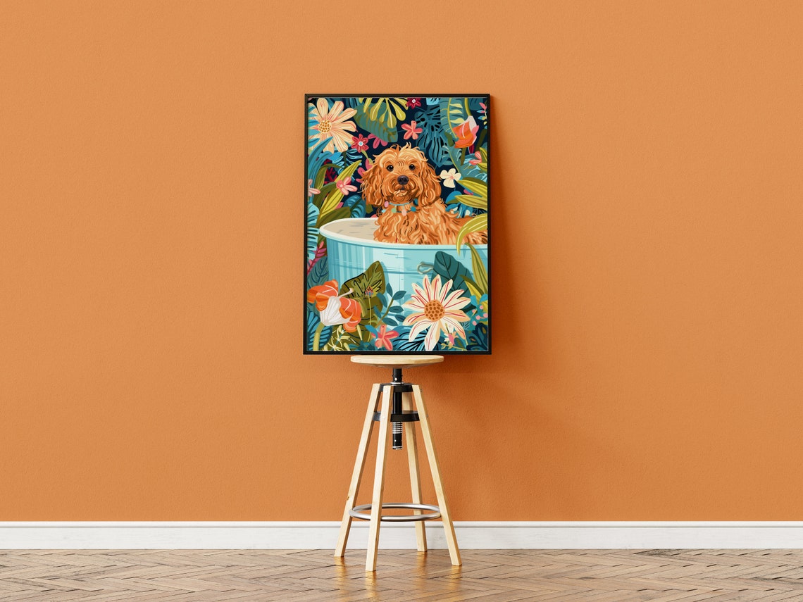 Cavapoo in Blue Bathtub Bright Tropical Floral Whimsical Dog Poster - Image 3