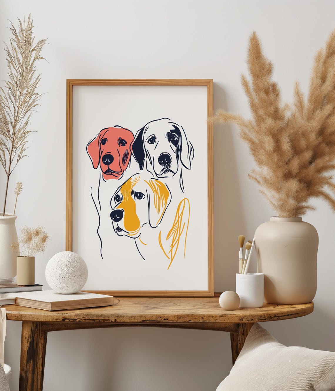 Three Labrador Faces Red Navy Golden Line Drawing Poster Dog Trio - Image 2