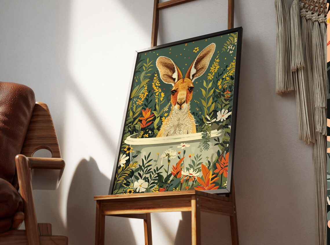 Kangaroo Peeking from Bathtub Warm Botanical Garden Wall Poster - Image 3