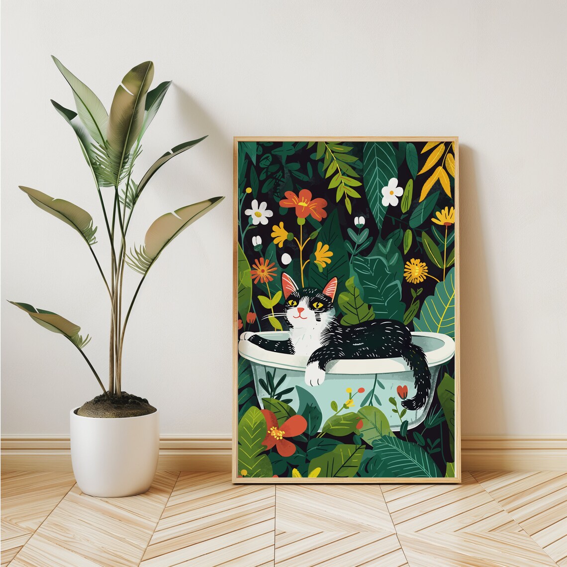 Sprawling Tuxedo Cat in Bathtub Amid Bold Jungle Flowers Poster