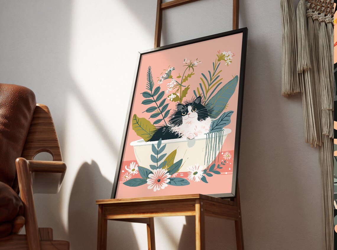 Fluffy Tuxedo Cat Sitting in Bathtub Blush Pink Floral Decor Poster - Image 2
