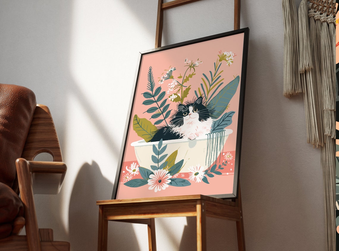 Funny Black White Cat Wall Art Awkward Kitty Print Boho Jungle Bathtub Maximalist Botanical Eclectic Tropical Poster Owner Gift - Image 2