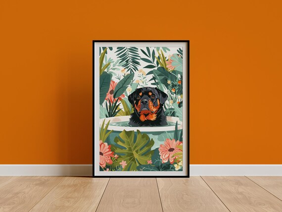 Rottweiler Wall Art On Fine Art Paper Awkward Rottie Boho Jungle Bathtub Print Maximalist Botanical Decor Eclectic Tropical Poster