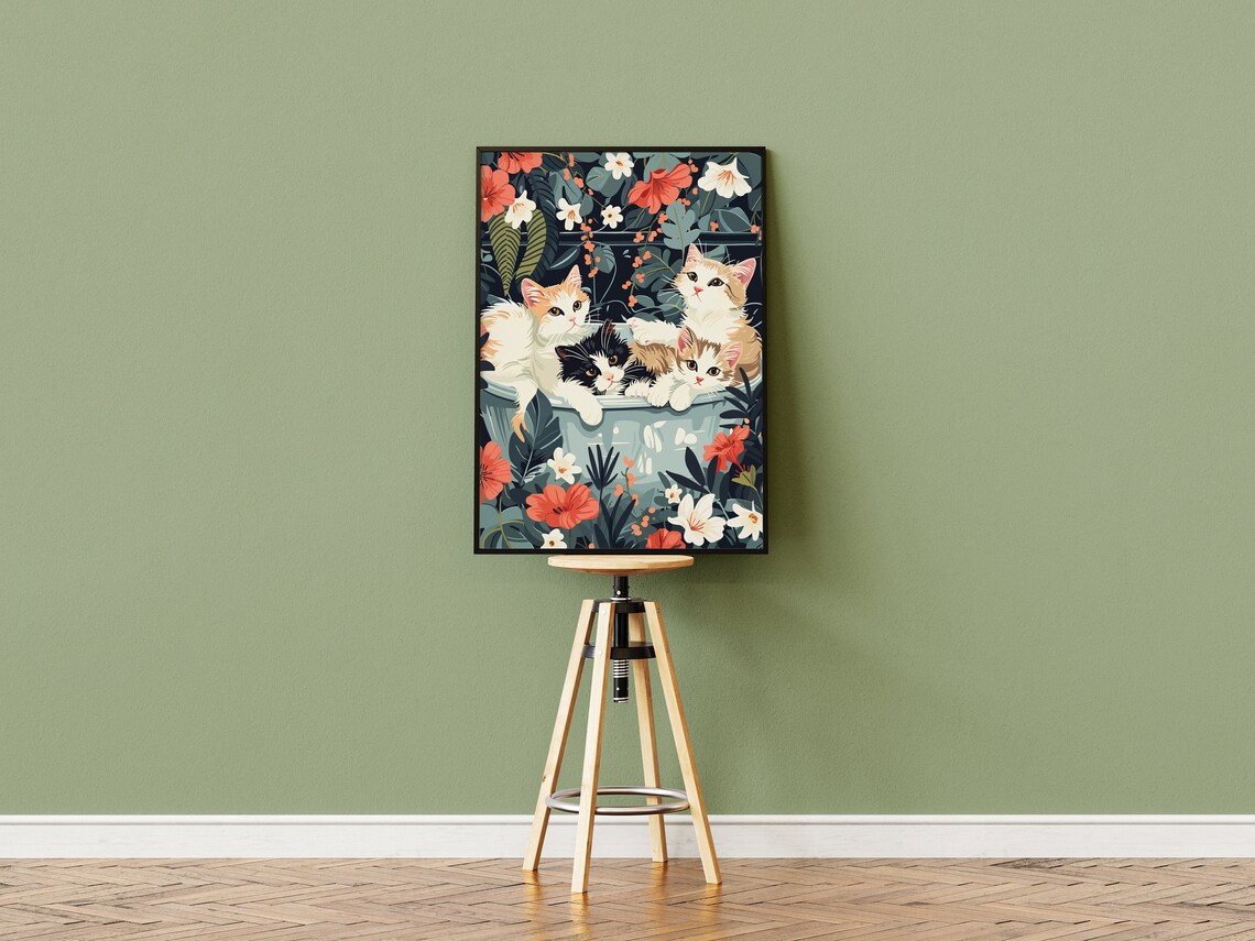 Four Kittens Bathing Together in Floral Jungle Bathtub Poster - Image 3